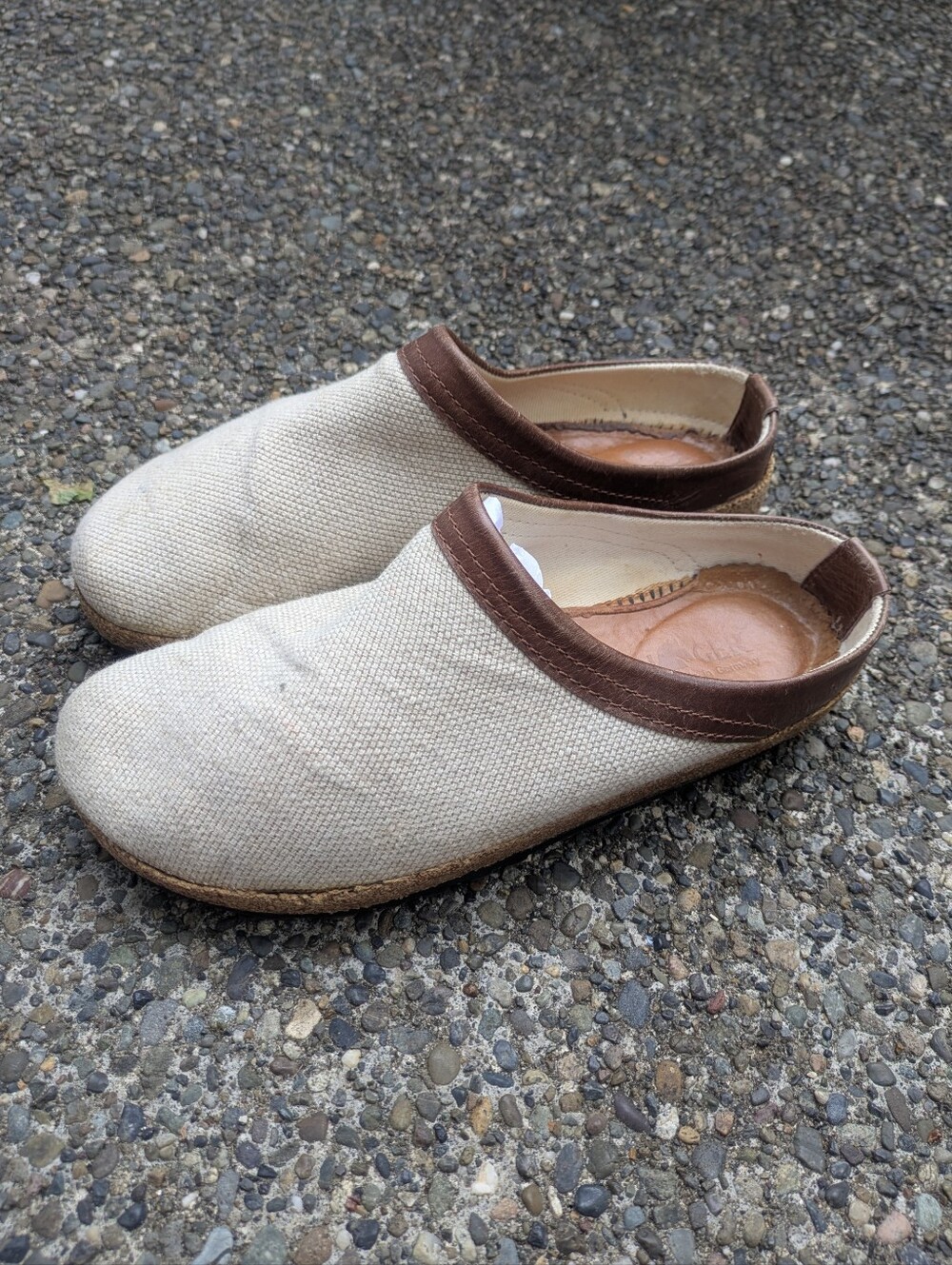 Haflinger Beige Canvas Slip On Clogs w/ Leather Trim